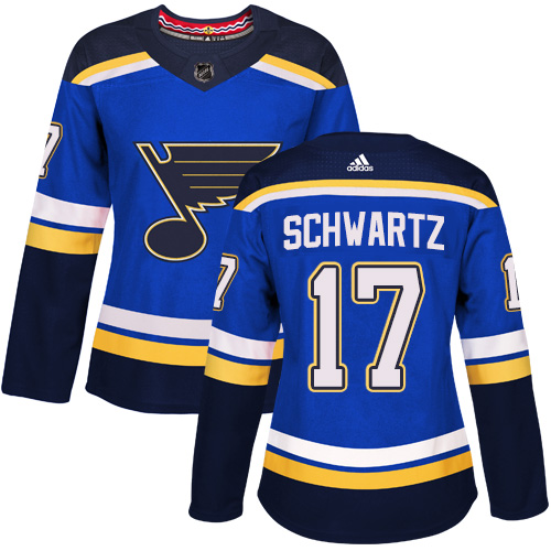 Adidas Blues #17 Jaden Schwartz Blue Home Authentic Women's Stitched NHL Jersey - Click Image to Close